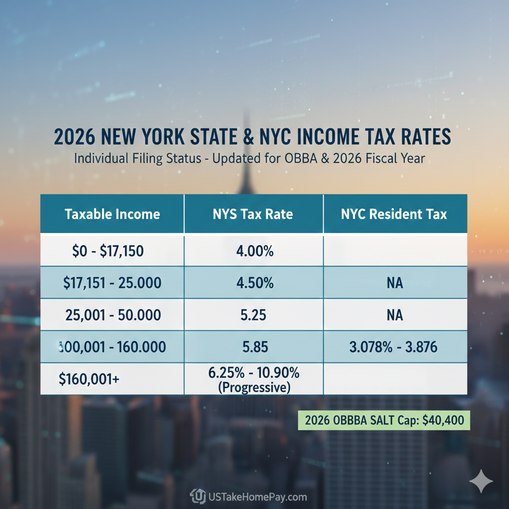 Table showing 2026 New York State and NYC income tax rates including the $40,400 OBBBA SALT cap.
